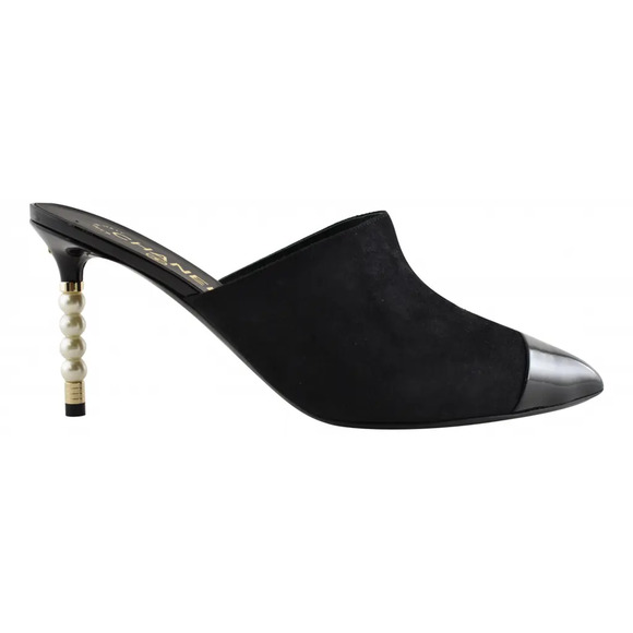 Chanel 20C Paris In Rome Pearl Black Suede Patent CC Mule Slide Heel Pump 42 - Picture 1 of 8